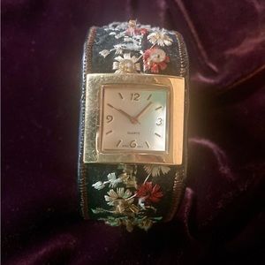 Vintage 90s Bohemian Embroidered & Beaded Cuff Bracelet Gold Tak style watch